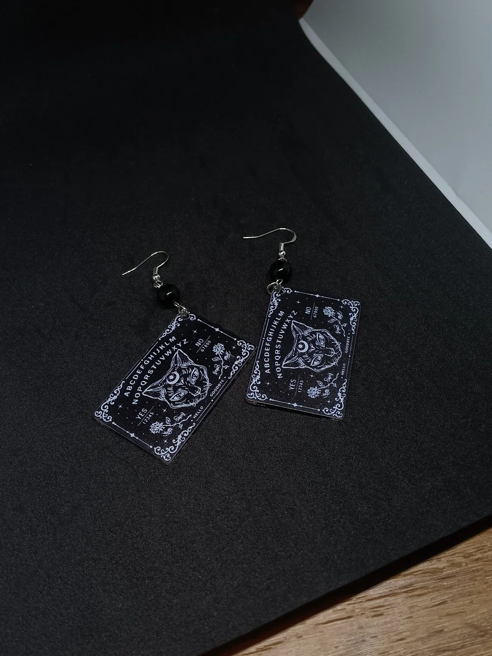 Mystic Cat Ouija Board Dangle Earrings - Black